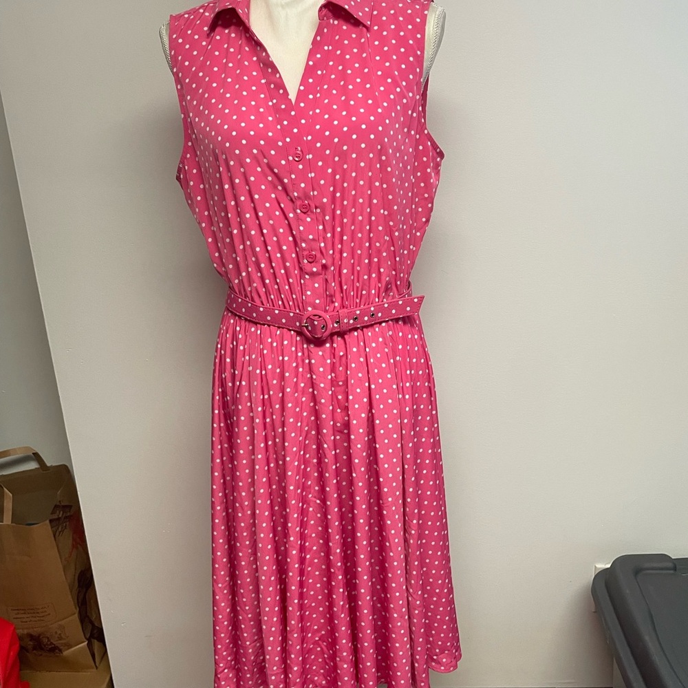 EUC Charter Club Pink Polka Dot Midi Dress with Belt